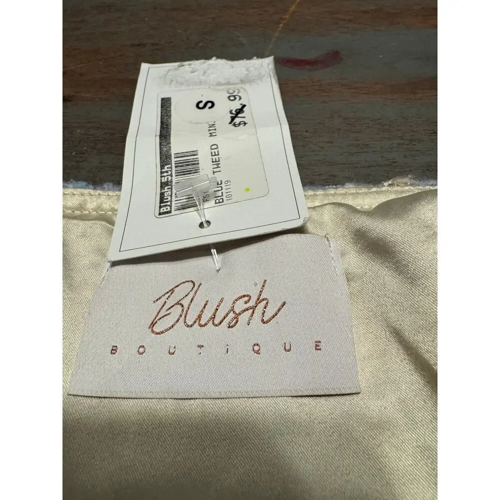 Blush Boutique Women’s Tweed Mini Skirt Size S Fringe Hem Pink/Blue